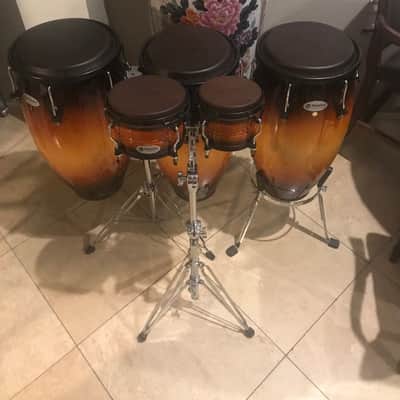 New Latin Percussion M846S-VSB Matador Series Custom Accent 11/11.75/12.5 Conga Set and Bongos  with Stand, Black Hardware 2010s - Vintage Sunburst image 2