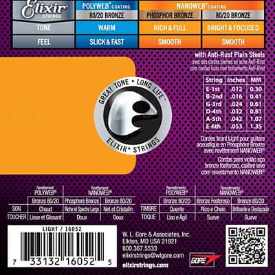 Elixir 16052 Nanoweb Phosphor Bronze Acoustic Guitar Strings - Light (12-53) image 2