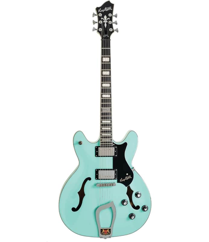 Mint Hagstrom Viking Semi-Hollow Guitar, Resinator Fretboard, Aged Sky Blue VIK-ABE-U image 1