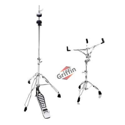 Drum Hardware Set - Hi-Hat Stand & Snare Drum Stand (2-Piece Kit) by GRIFFIN | Hi-Hat Pedal with Pull Chain, Chrome Double-Braced Kit & Mount Basket for Snares, Tom Drums & Practice Pad image 1