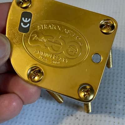 2004 Era Fender USA Deluxe 50th Anniversary Stratocaster Guitar Gold Neckplate & Screws for Contoured Heel image 3