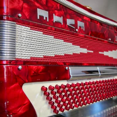 Vintage 1960s Silvio Soprani Accordion Model 8643 Full Size Red Mother Of Pearl with Original HSC image 1