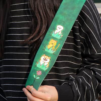 burnyblack custom made guitar strap - animals in forest leather/green image 5