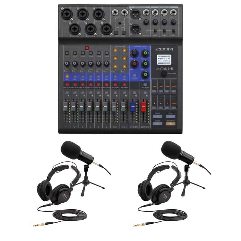 Zoom LiveTrak L-8 8-Channel Digital Mixer/Recorder with 2x Zoom ZDM-1 Podcast Microphone Pack & StreamEye Polishing Cloth image 1