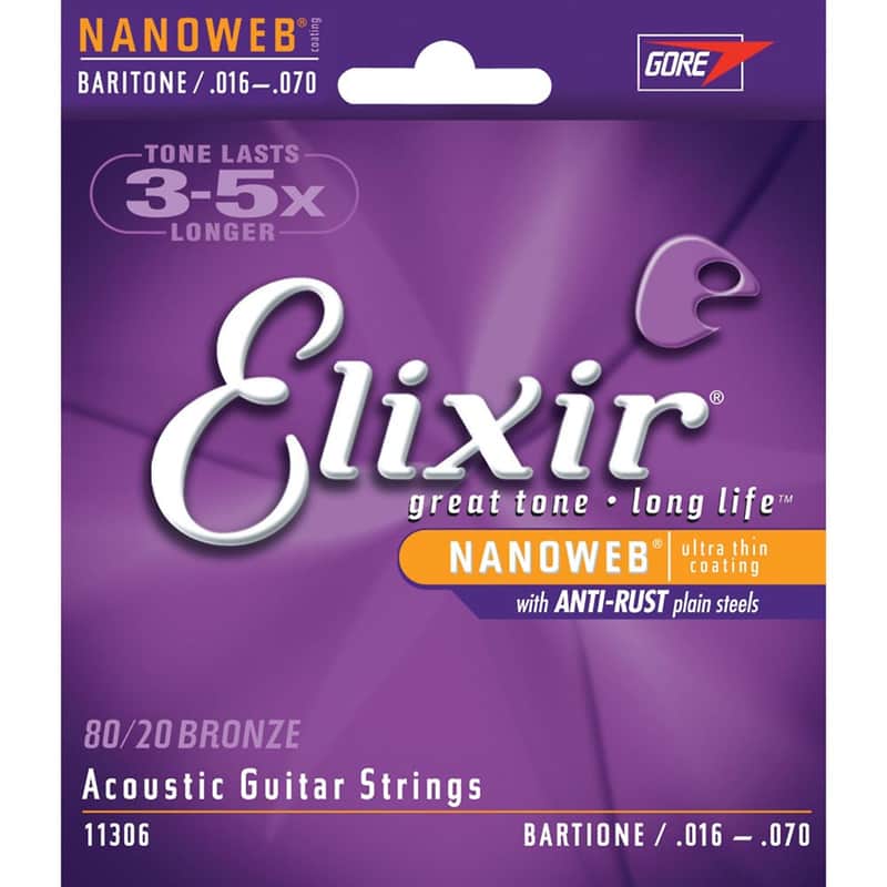 Elixir 11306 Nanoweb Nickel Plated Steel Baritone Acoustic Guitar Strings (16-70) image 1