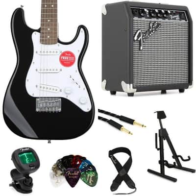 Squier Mini Strat Electric Guitar and Fender Frontman 10 Amp Essentials Bundle - Black image 4
