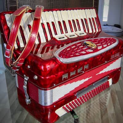 Vintage 1960s Silvio Soprani Accordion Model 8643 Full Size Red Mother Of Pearl with Original HSC image 9