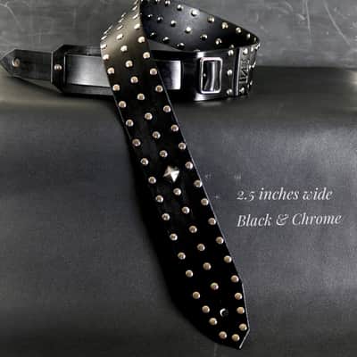 Studded Custom Leather Guitar Strap. 55” to 62” Adjustable. 2.5” wide BLACK image 2
