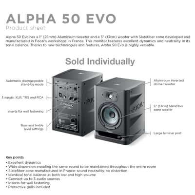 Focal Alpha 50 Evo – 5" Active 2-Way Studio Monitor, 60W RMS Bi-Amp, Slatefiber Woofer, 45Hz–22kHz, Neutral Nearfield Reference Speaker – Sold Individually image 2