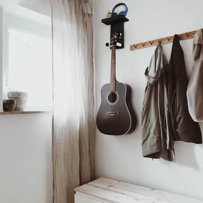 Guitar Wall Hanger,2 Pack Guitar Wall Mount Holder Guitar Hanger Shelf with Pick Holder Wood Guitar Rack for Acoustic or Electric Guitar,Ukulele,Bass,Mandolin Black image 2