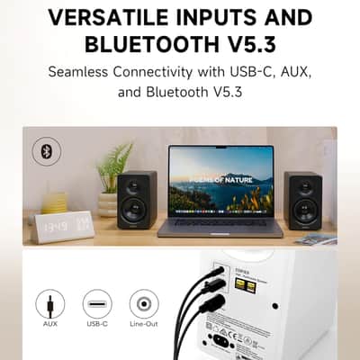 Edifier Bookshelf Speakers, 66W RMS Desktop Speakers, Hi-Res Audio & Hi-Res Wireless Audio Computer Speakers, Bluetooth V5.3 Speakers with USB-C AUX Input and Stands – Black image 6
