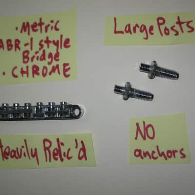 visibly used / relic'd real player's wear Epiphone B-2 metric ABR-1 vintage style bridge CHROME, large posts mounting pieces (NO anchors) early 2000s (for some import guitars that use this style bridge) will NOT fit on Gibson - mounting holes are too big image 1
