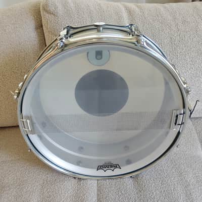 Ludwig L-404 Acrolite 5x14" 8-Lug Aluminum Snare Drum with Rounded Blue/Olive Badge 1979 - 1993 - Gray image 5