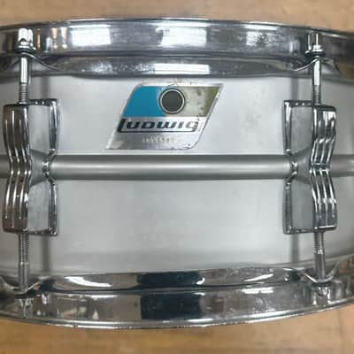 Ludwig No. 404 Acrolite 5x14" 8-Lug Aluminum Snare Drum with Pointed Blue/Olive Badge with case, stand image 1