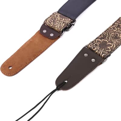Leather Guitar Strap - PU Leather Western Vintage 60's Retro Strap with Genuine Leather Ends for Electric Bass Guitar, Tie Included, 2 Picks, Bronze image 5