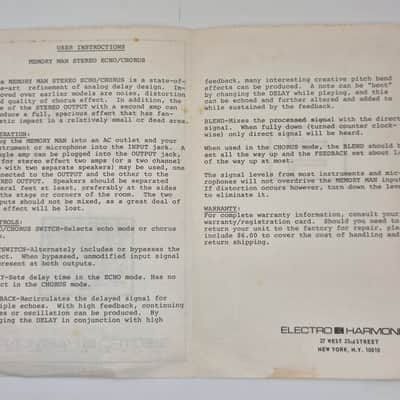 Electro-Harmonix EHX Memory Man Stereo Echo/Chorus user instructions and catalogue1984 image 3