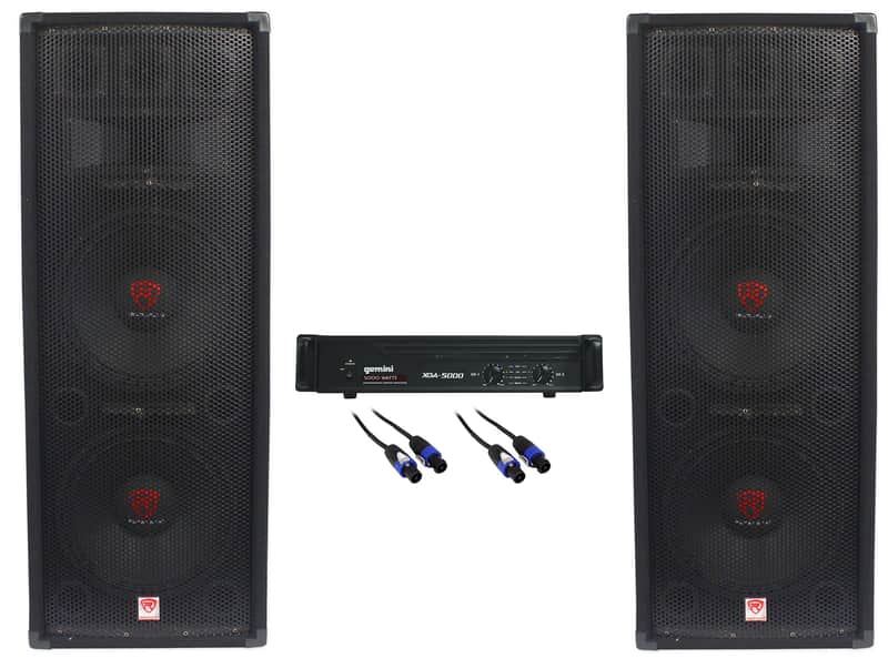 (2) Rockville RSG12.28 Dual 12” 2000w DJ/Pro PA Speakers+Gemini Amplifier+Cables image 1