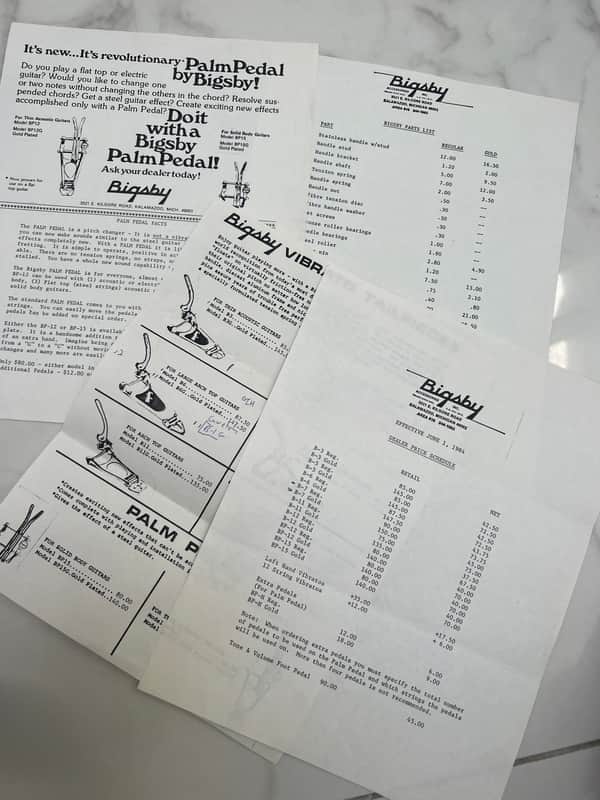 1980's Bigsby Palm Pedal Promotional Sheet + parts price list + bigsby dealer price list image 1