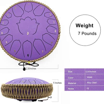 13-Inch 15-Note Steel Tongue Drum – C Major – Handpan Steel Drum for Meditation, Yoga & Relaxation – Includes Mallets, Music Book & Carry Bag (Violet) image 2