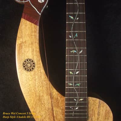 Handmade 5 String Harp Style Concert Ukulele Solid Mango, MOP Vine Inlay, Bruce Wei HU15-2003 image 8