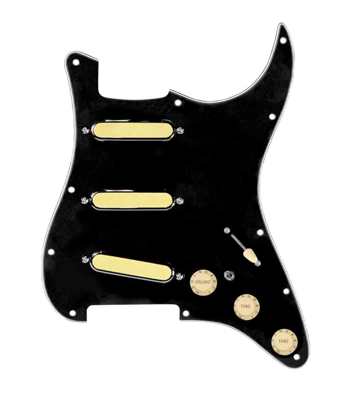920D Custom Gold Foil Loaded Pickguard For Strat With Aged White Pickups and Knobs, Black Pickguard For Strat, and S7W-MT Wiring Harness image 1
