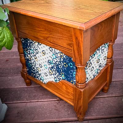 Rotary Connection 1x12 loaded semi open guitar speaker cab / side table! Vintage Rola 12” 8 ohm 25 watt speaker. Solid oak hardwood. Unique one off / one of a kind cab. Crazy 3D geometrical cloth. 2026 - Wood image 5