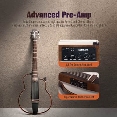 SONICAKE Acoustic Electric Travel Guitar, Portable Practice Silent Guitar with Preamp System, EQ/Reverb/Chorus, Solid Mahogany Body, Adult & Beginner Bundle with Gig Bag & Accessories QGT-01 image 7