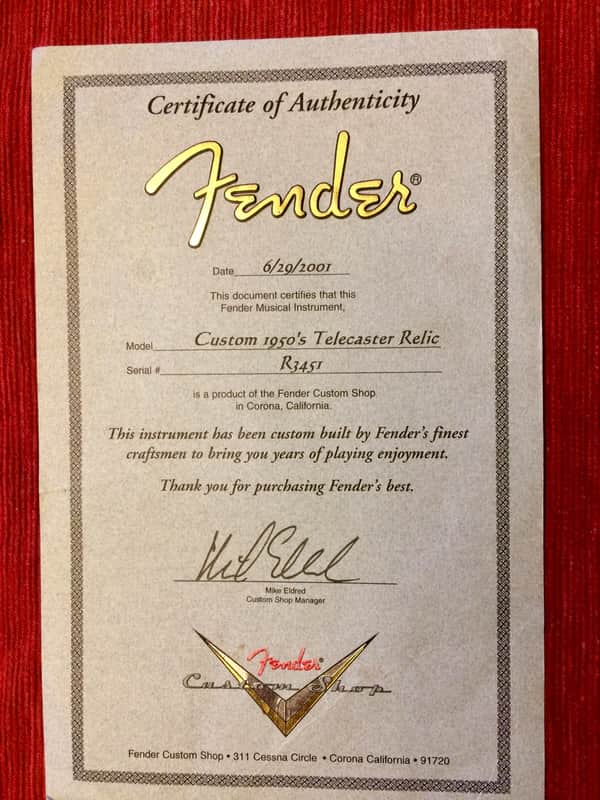 Fender Custom Shop 2001 1950's Telecaster Certificate of Authenticity -COA image 1