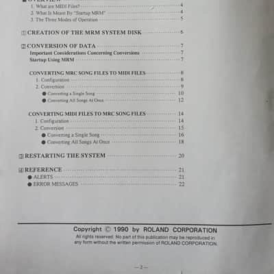 Owner's Manual for Roland Standard MIDI File Converter System Generator MRM-500MRM-500 1990 image 2