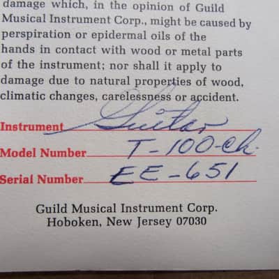 Guild T-100 Warranty & Registration Hang Tag Card. 1960's image 3