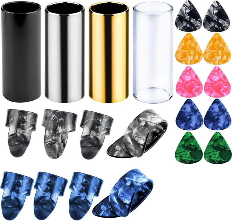 4 Pieces Medium Guitar Slides for Acoustic,Stainless Stell Guitar Slides for Electric,Glass Guitar Slide and 8 Pieces Plastic Thumb & Finger Picks Guitar Accessories image 1