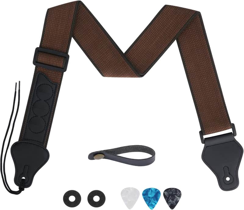 Guitar Strap, Soft Cotton Straps With 3 Pick Holders, Button Headstock Adaptor, 1 Pair Locks and 3 Picks Set For Electric/Acoustic Guitar(Coffee) image 1