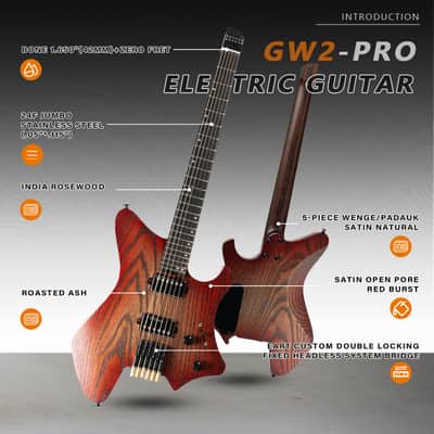 Eart GW2-Pro Headless Electric Guitar, Roasted Ash Body,24F Rounded Ends Jumbo Stainless Steel image 4