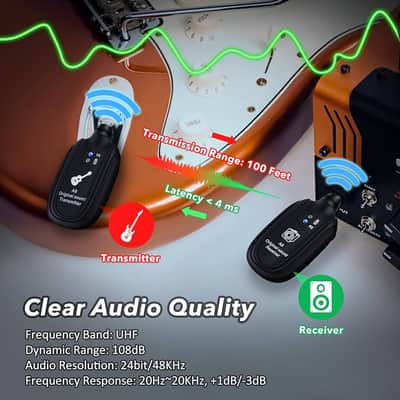 A8 Wireless UHF Rechargeable Transmitter & Receiver, Guitar, Bass, Keyboard FREE SHIPPING! LAST ONE! - Black image 4