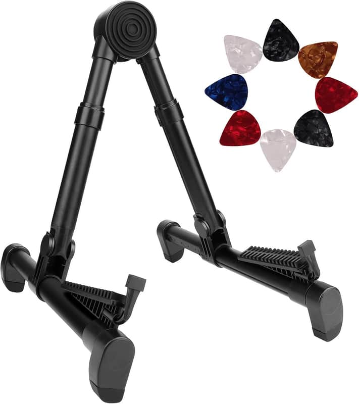Folding Guitar Stand - Lightweight Adjustable Floor Holder With 8 Picks, Portable A Frame Aluminium Music Stand for Acoustic Electric Guitars, Bass, Violin, Ukulele, Mandolin, Banjo image 1