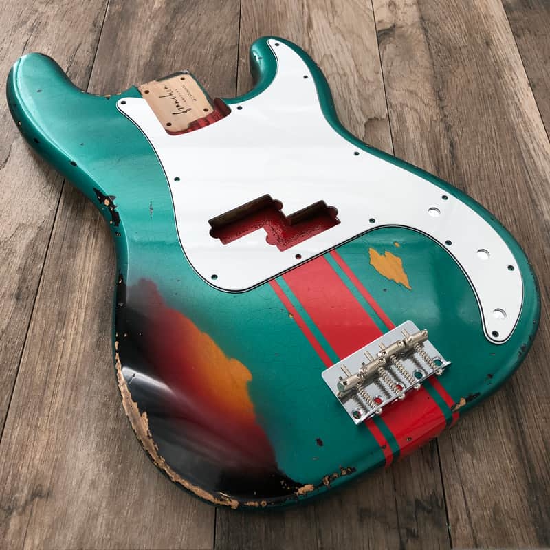FRANCHIN Jupiter bass body Relic Aged Sherwood Green Metallic over 3-Color Sunburst with Ferrari Red racing Stripe 100% Nitro Lacquer Cracks Alder Precision-Style Made in Italy - Stock piece #23200726 image 1
