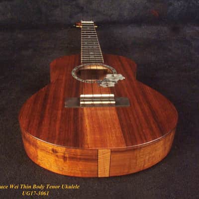 Handmade Thin Body Tenor Ukulele, Solid Hawaiian Koa, Hibiscus Soundhole, Inlay, Soft-bag Bruce Wei UG17-3061 image 2