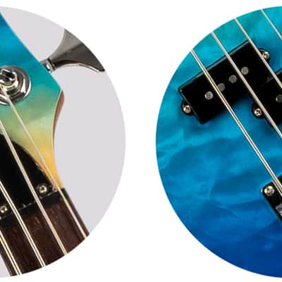 Flight Mini Bass (TBL) Solid Body Transparent Blue New - gradient blue finish on a quilted maple top image 6