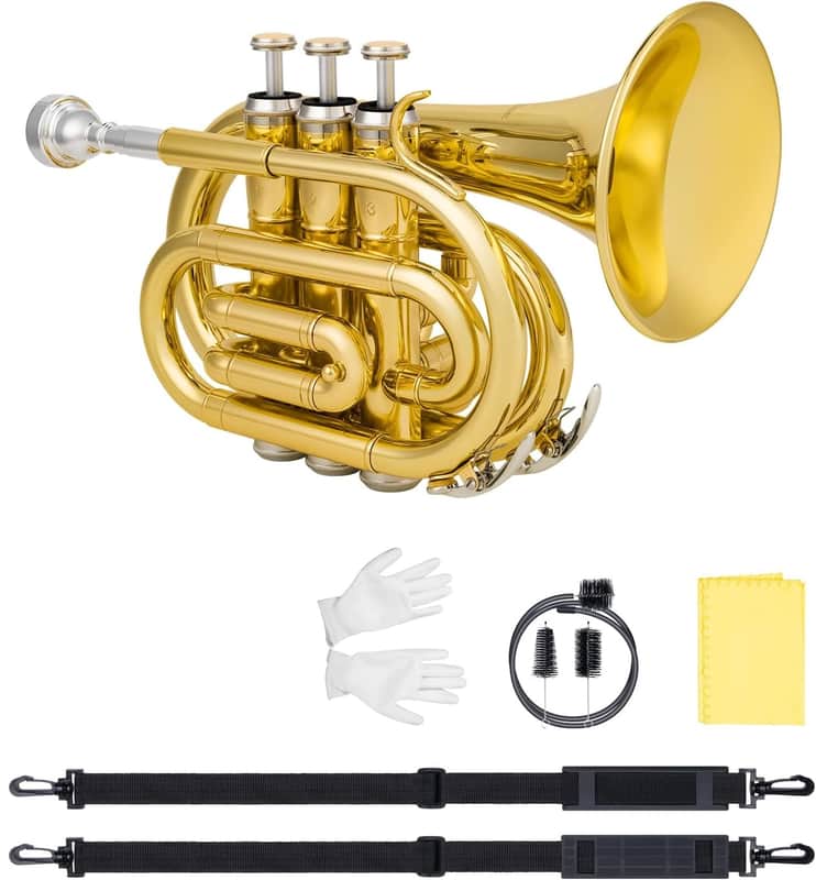 Pocket Trumpet Bb Flat - Gold Lacquer Brass Mini Trumpet Full Kit for Beginners Students with 7C Mouthpiece, Hard Case, Gloves & Cleaning Kit  (Golden) image 1