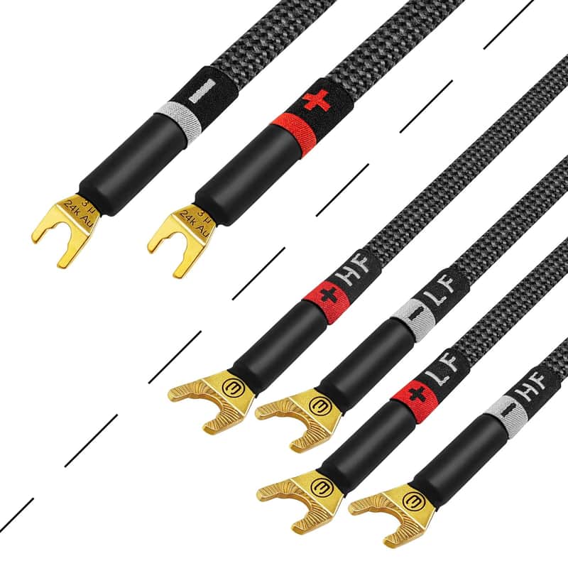 6 Foot ULTIMATE - 9 AWG - Ultra-Pure OFC - Premium Audiophile HiFi Bi-Wire Speaker Cable Pair with Eminence Gold Spade Plugs & Carbon Tweed Jacket image 1