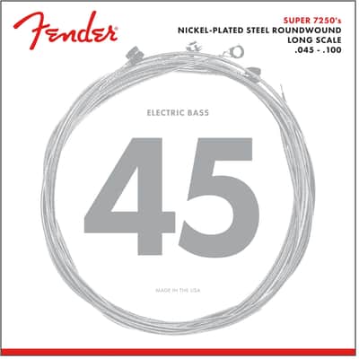 Fender 7250 Bass Strings, Nickel Plated Steel, Long Scale, 7250ML .045-.100 Gauges, (4) Standard