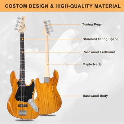 Glarry GJazz Electric Bass Guitar Black pickguard Transparent - Yellow image 4