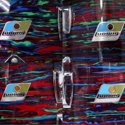 VINTAGE LUDWIG 70s 22,12,13,16 3ply Mahogany/Poplar/Maple w/Maple RF Psychedelic Red image 4
