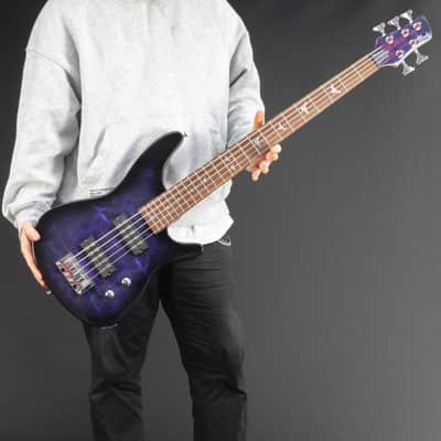 Lindo PDB-5 V2 Purple 5-String Electric Bass Guitar & HARD CASE | Dove Inlays | Unique Graphic Art Finish | Luminlays | High Gloss | Sycamore Body | Laurel Fretboard | 3-Piece Neck image 9