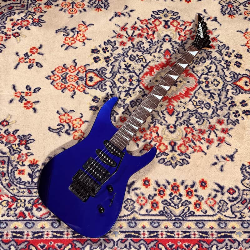 1999 Jackson Dinky HSS w/ Reverse Headstock + Shark Fins - Blue image 1