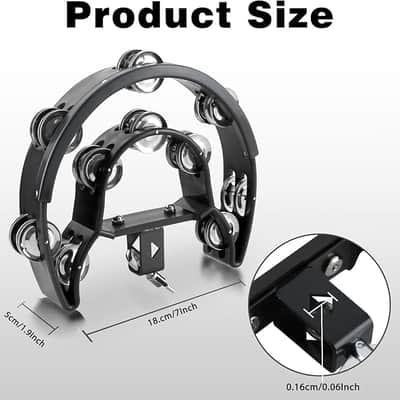 Drum Set Tambourine with Mounting Eye Bolt,Tambourine for Drum Set,Hi Hat Tambourine Double Rows of Jingles(Black) image 2