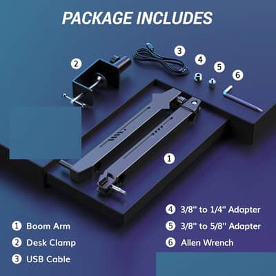 RGB Gaming Mic Arm, Low Profile Microphone Boom Arm with controllable RGB Light, Mic Stand with Cable Management, 3/8", 5/8" and 1/4", Adapter, Perfect for Streaming, Studio image 3