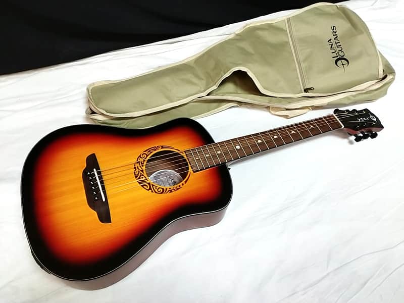 LUNA Safari Tribal Tabacco Sunburst acoustic electric TRAVEL GUITAR w/ Bag - 3/4 image 1