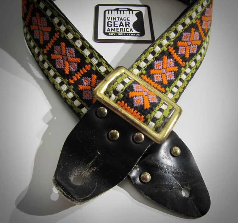 ACE Unbranded Hippie Guitar Strap Genuine Vintage Part Circa-1960s-Black with White, Green, Orange & Pink image 1