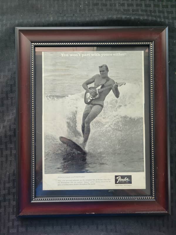 1965 Fender Guitars Promotional Ad Framed Fender Jaguar Surfer RARE Original image 1